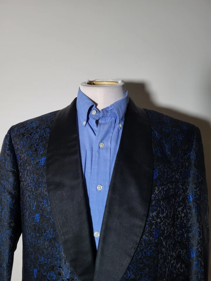 Chaqueta Blazer Esmoquin Vintage 40S Negro Azul Floral Tapiz Jacquard Chal Solapa Foto 4 de 4