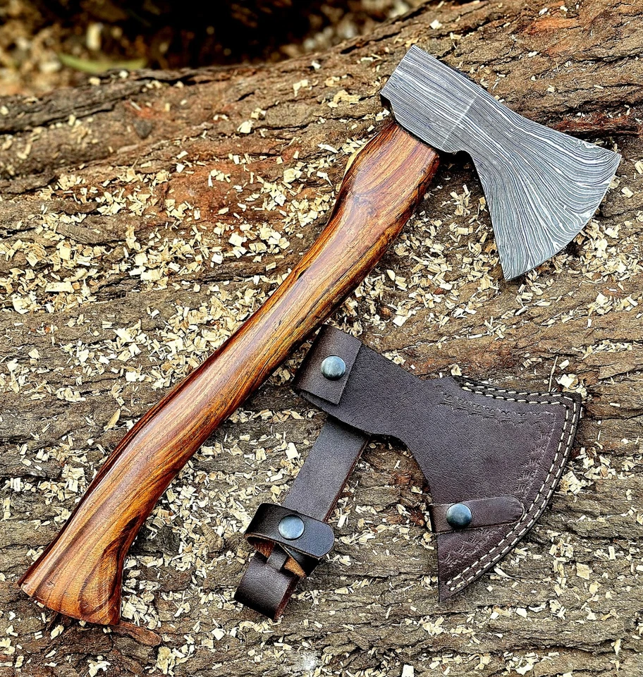 Machadinha de aço Damasco feita à mão 16" viking arremesso acampamento com bainha - Imagem 4 de 4