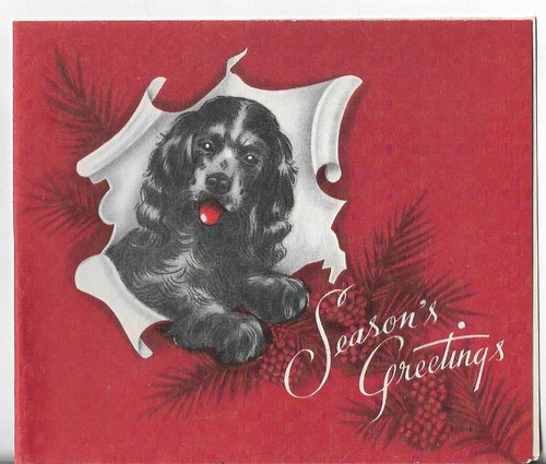 Vtg CHRISTMAS CARD 5x4.25 Black Puppy Dog - Season's Greetings