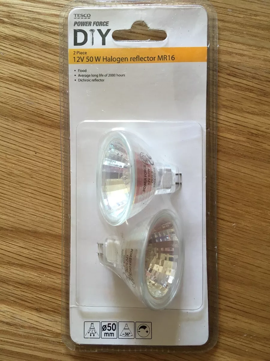 Tesco Power Force DIY 2 Piece 12V 50W Halogen Reflector MR16 Twin Pack