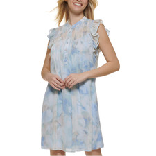 Calvin Klein Women Blue Multi Printed Flutter Sleeve A-Line Mini Dress Petite 2P