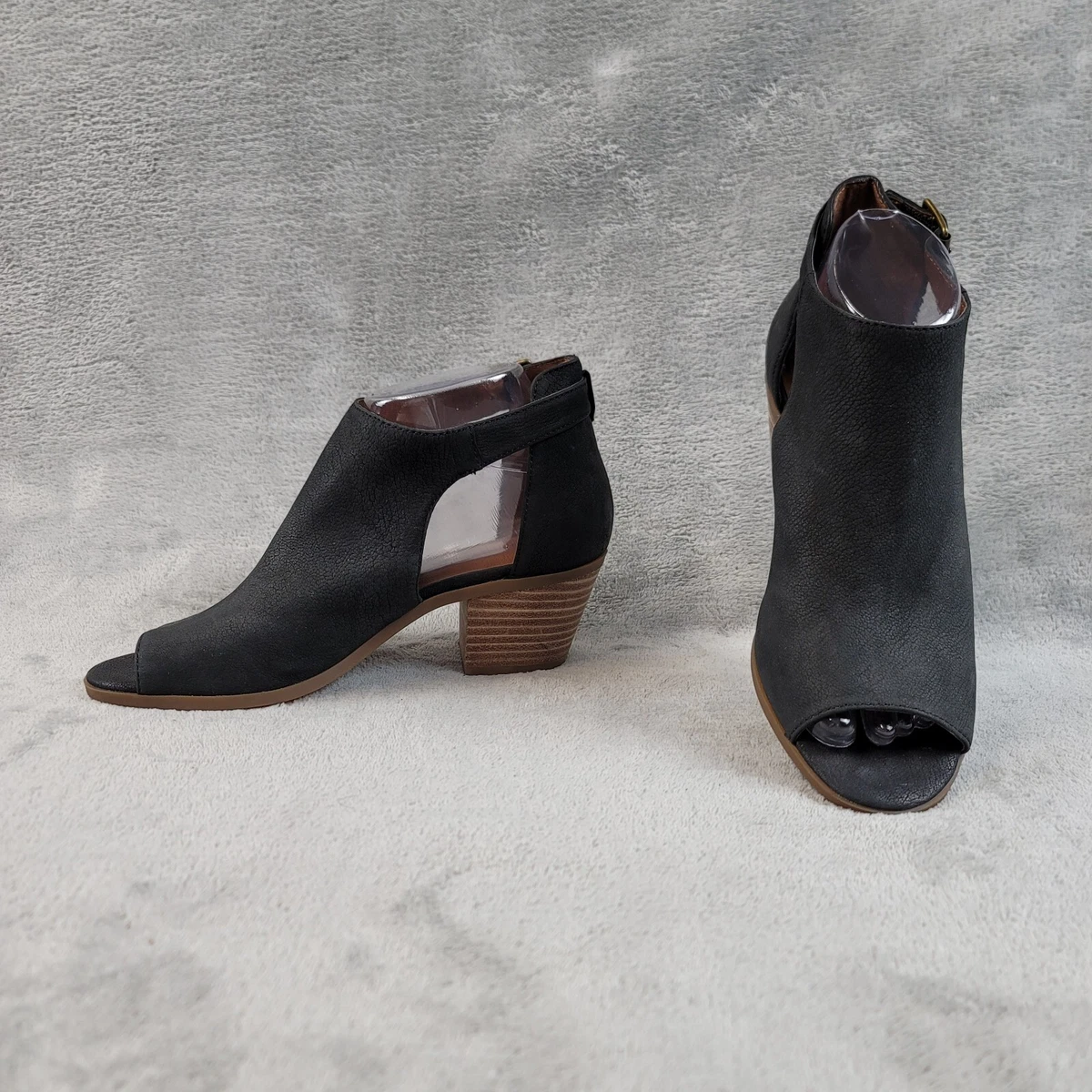 Lucky Brand Shoes Size 6.5 Barimo Black Leather Heeled Booties Open Toe