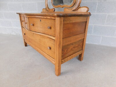 antique oak princess dresser with mirror Antique Solid Tiger Oak Princess Dresser Tilt Oval Beveled Mirror 31.75h79.25h34w19d Shipping is Not Free