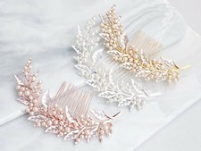 Women Wedding Rose Gold Color Bride Leaf Crystal Pearl Hair Comb head piece Pin