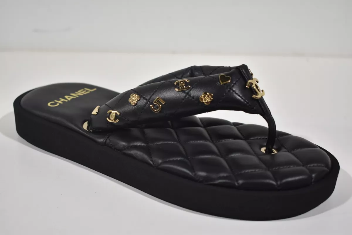 Chanel 23P Black Quilted Charms Padded Pool Thong Logo Slide Flat Sandal  36.5