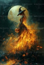 WITCH FIERY DRESS ART PRINT, Halloween Decor, Witchy Poster, Gothic Moon E478