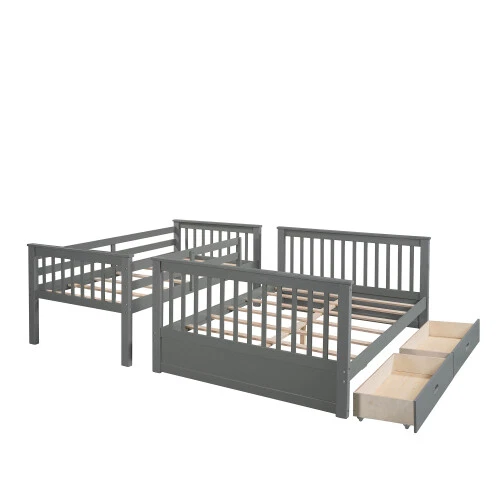 Twin Over Full  Bunk Bed W/ Storage Drawers Wood Platform Beds Bedroom Furniture - Image 4 of 4
