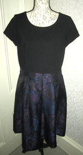 Talbots black short sleeved dress w purple blue floral brocade skirt, size 12