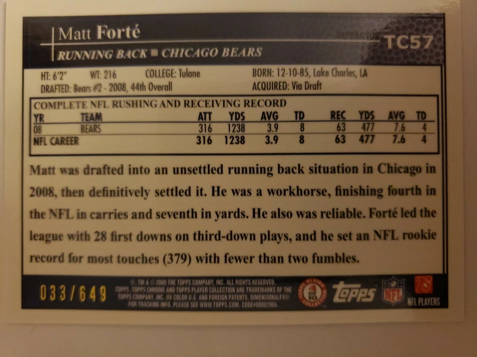 MATT FORTE 2009 TOPPS CHROME REFRACTER #'d 33/649 CARD# TC57 - Image 2 of 3