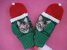 UGLY HOLIDAY KNIT MITTENS SANTA CAT FAIRISLE NEW