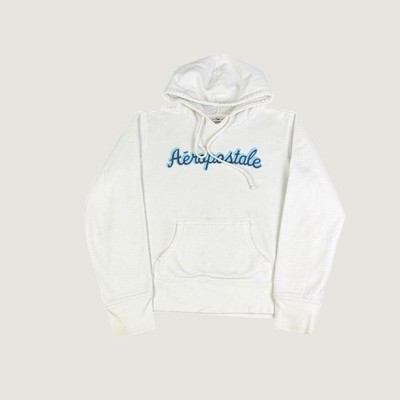 Aeropostale Womens Hoodie White Blue Script Logo Pullover Sweatshirt Medium
