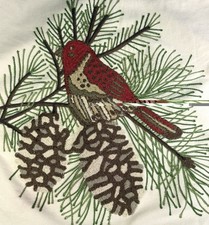 Pottery Barn Embroidered Crewel Bird Pinecone Pillow Cover ONLY 18x18 Cotton