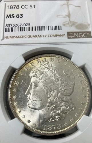 1878-CC $ NGC MS-63, WELL STRUCK, FLASHT WHITE SURFACES W/LIGHT ORANGE RIMS