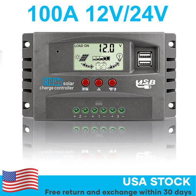 MPPT Solar Charge Controller 100A 12/24V Dual USB for RV、Boat&Off-Grid System
