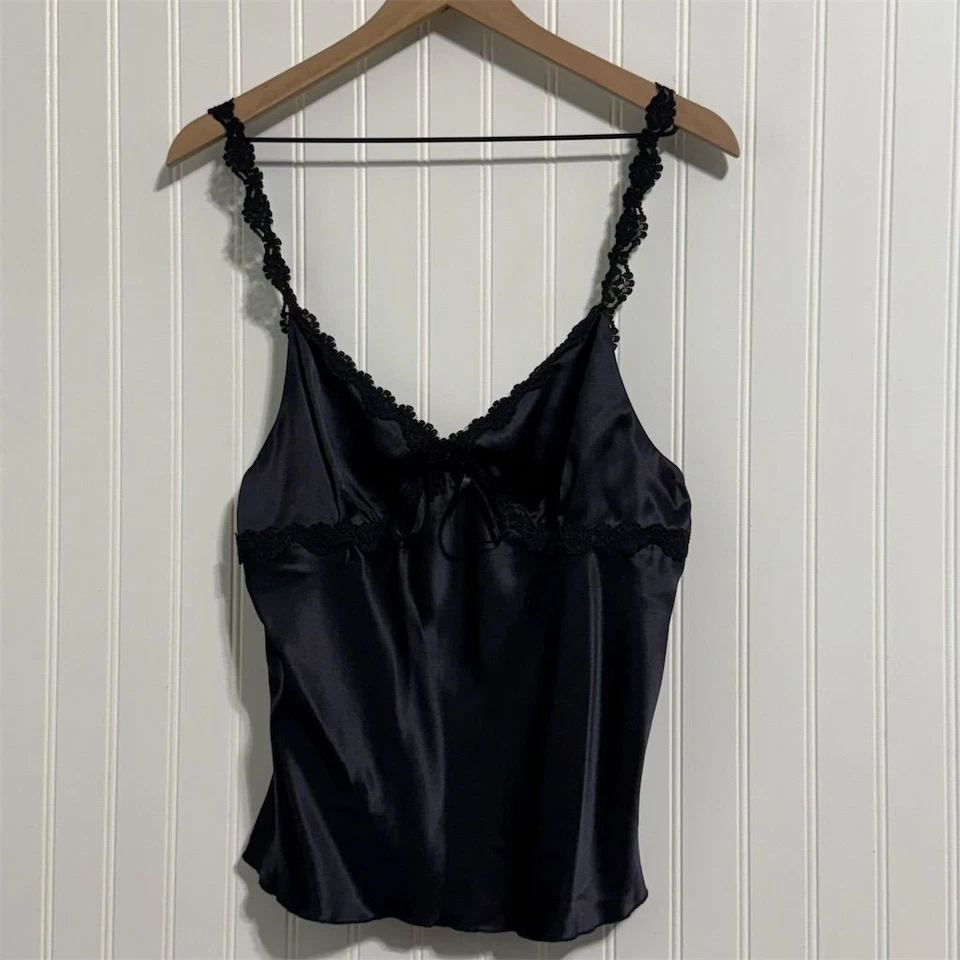 Винтажный Spenser Jeremy 100% шелк Cami L черный кружевной отделки 90-х Y2K минималистский топ - Изображение 2 из 4
