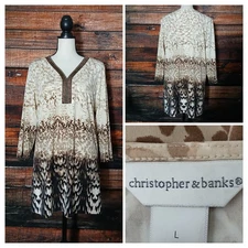 Christopher & Banks Tunic Top Size L Beaded V-Neck Bohemian 3/4 Sleeve Stretch 