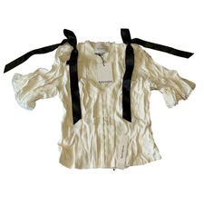 Reformation Inara Top Womens Size 4 White Black Ribbon Stretch 1/2 Sleeve Zip