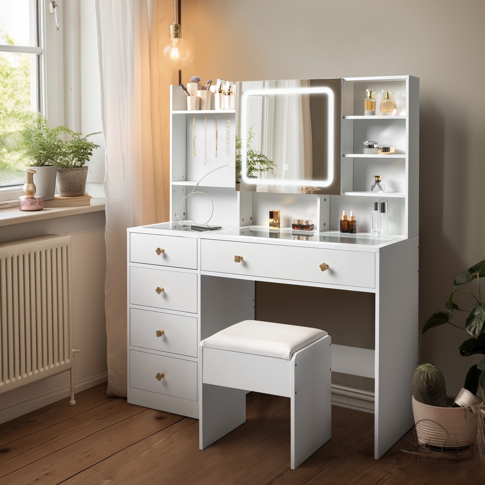 Vanity Set with Led Lights Makeup Desk Dressing Dresser Table W/Charging Station