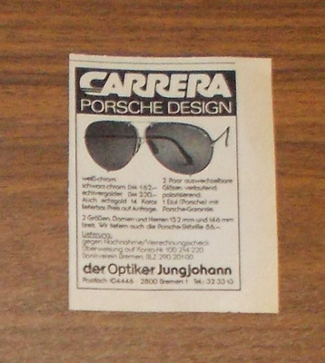 Seltene Werbung vintage CARRERA Porsche Design Sonnenbrille 1980