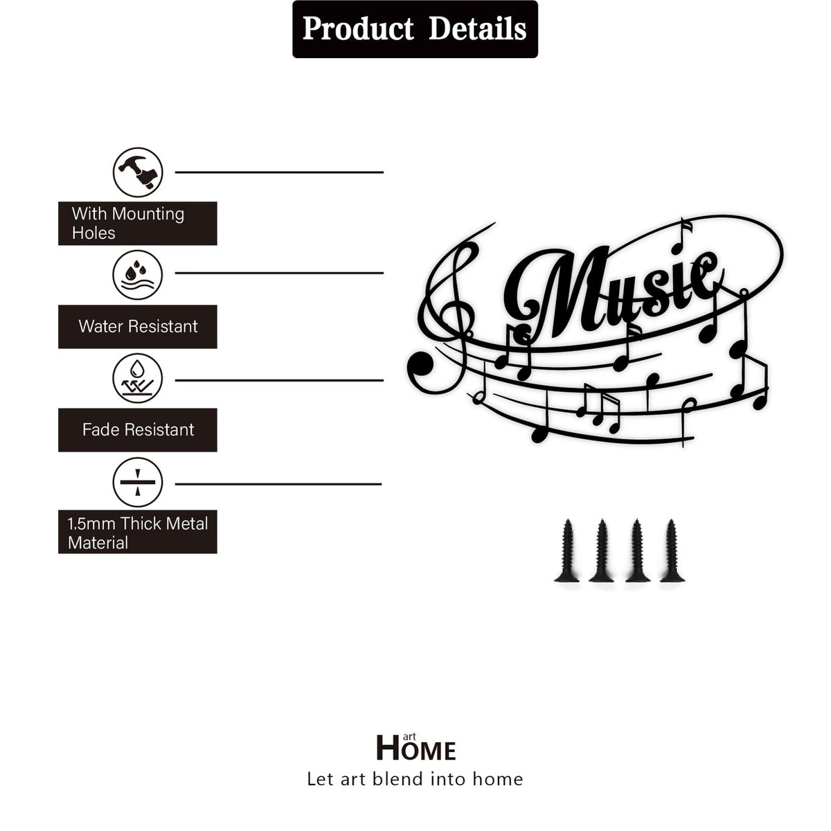 Sanshaoye Targa Musicale In Metallo - Nota Di Musica Per Parete - 35,6 Cm - Regalo Per Musicisti - 4