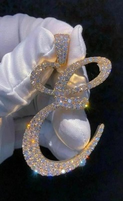 3Ct Round Cut Real Moissanite Initial Letter ''E'' Pendant 14K Yellow Gold Plated