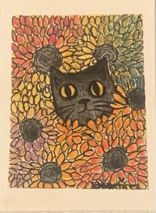 aceo original painting Black Cat In Bed Of Flowers