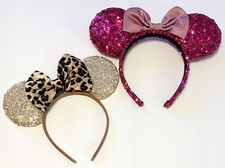 2 Disney Minnie Mouse Ears Sequined Ears Headband Bows Hot Pink Gold