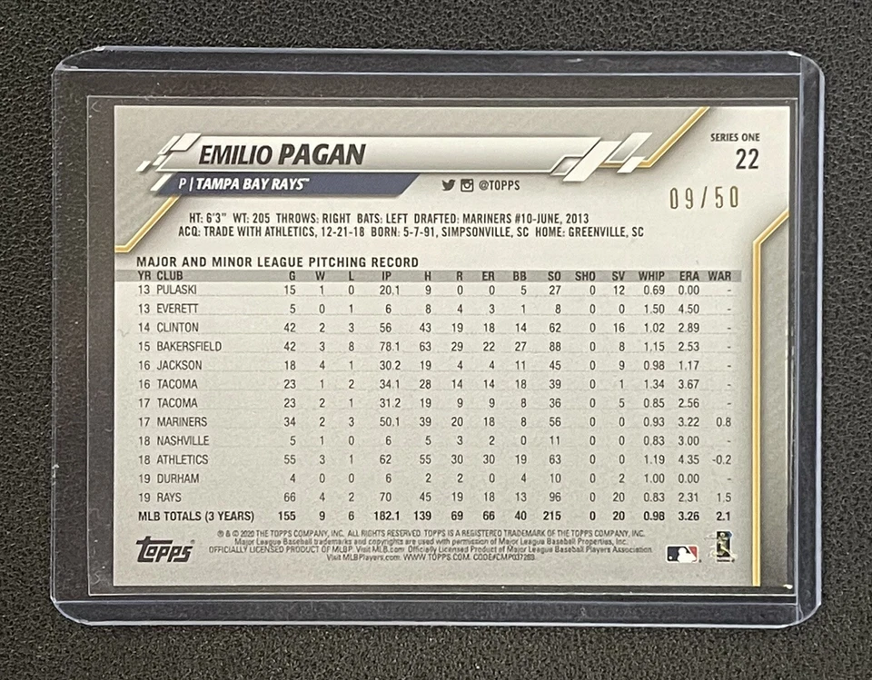 2020 Topps Mothers Day Pink Parallel #22 Emilio Pagan /50 SP - Image 2 of 3