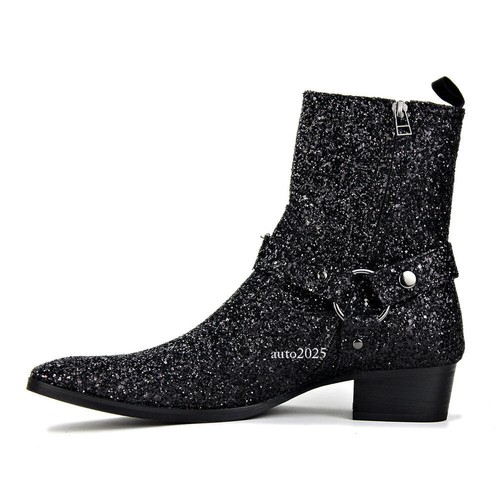 Mens Glitter Sequins Block Heel Zipper British Chelsea Boots Leather Ankle Boots - Picture 15 of 25