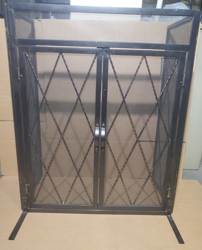 Modern Iron Folding Fireplace Screen with Door Antiqued Bronze & Black Very Nice