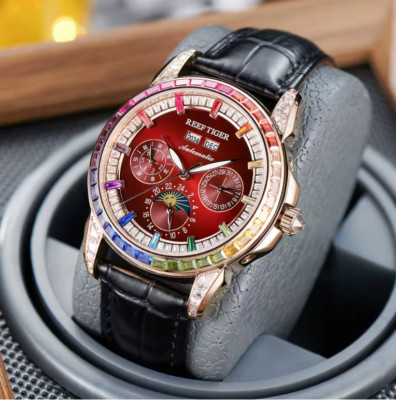 Reef Tiger Men's Multifunction Moonphase Automatic Watch Rose Gold Rainbow Watch