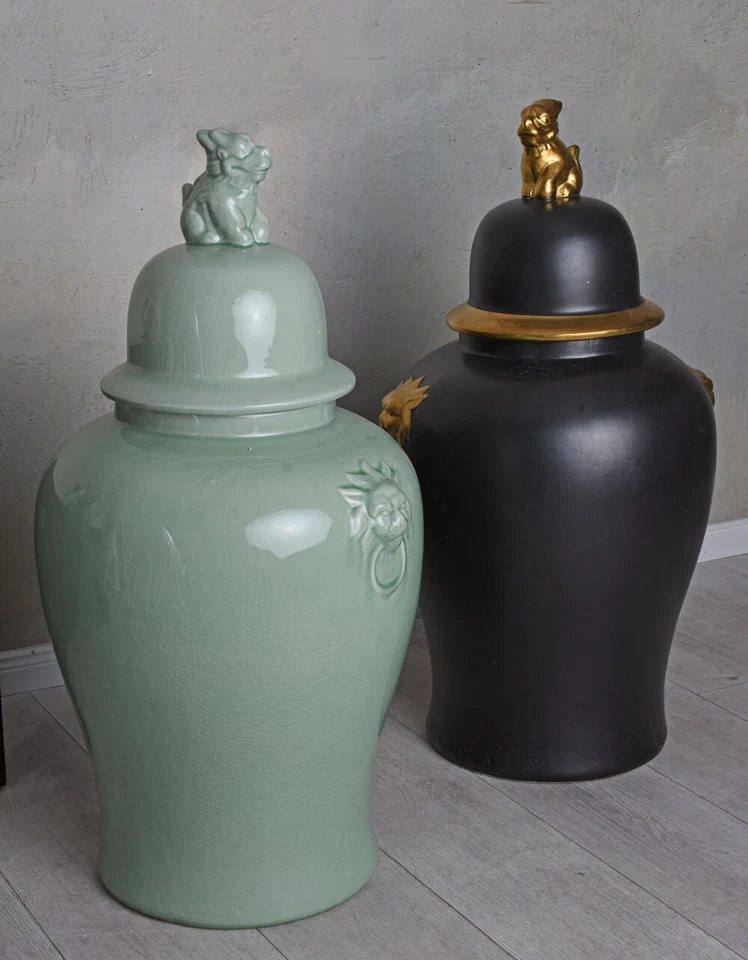 Prunkgefäss Porzellanvase Chinoiserie Deckelvase XXL Löwenköpfe Keramik Amphore - Bild 3 von 4