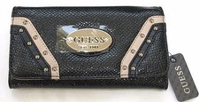NEW GUESS GULFPORT BLACK+WHITE+TAN TRIM & SILVER TONE STUDS WALLET,CLUTCH