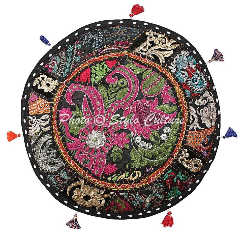 Cubierta de puf étnica redonda otomana con retazos bordada bohemia 16" Foto 3 de 3