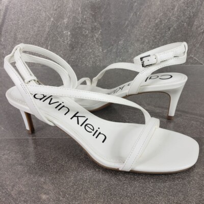 Calvin Klein Sandals Womens 6.5 M Iryna white Kitten Heels Square Open Toe Hoes