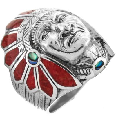 Mens Heavy Native American Indian Chief Red Coral Biker 925 Sterling Silver Ring