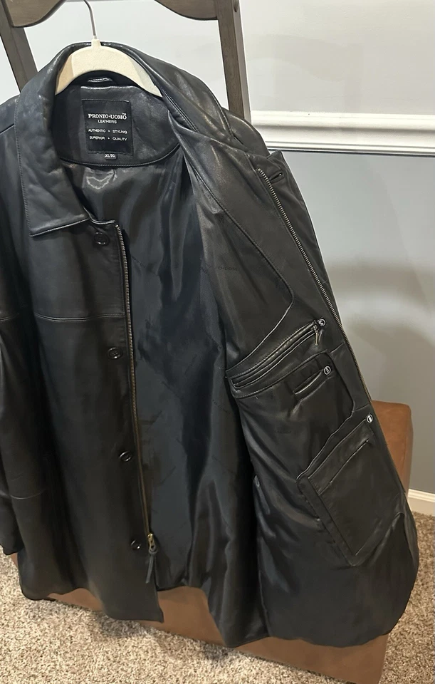 Gabardina vintage de cuero genuino negro para hombre Pronto-Uomo talla mediana Foto 4 de 4