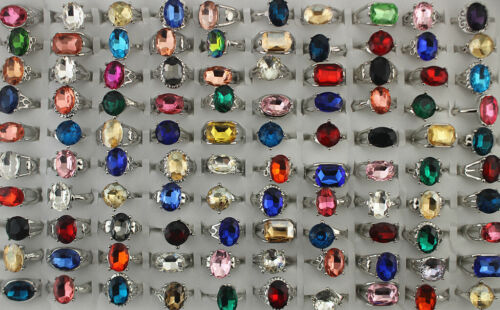 Wholesale Lots 40pcs Fashion Silver Plated Mixed Color Various Glass Lady Rings - Picture 1 of 8