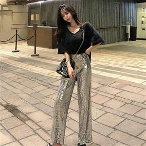 silver sequin wide leg pants