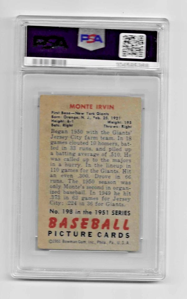 1951 BOWMAN BASEBALL CARD #198 HOF MONTE IRVIN RC PSA 4 NQ MLB NEW YORK GIANTS - Image 4 of 4