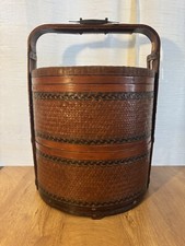 Vintage CHINESE ASIAN WEDDING BASKET 2 TIER WOVEN WICKER RATTAN BAMBOO CANE