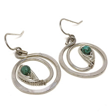 Sterling Silver Turquoise Dangle Earrings Hammered Swirl Wire Wrapped 5.29 grams