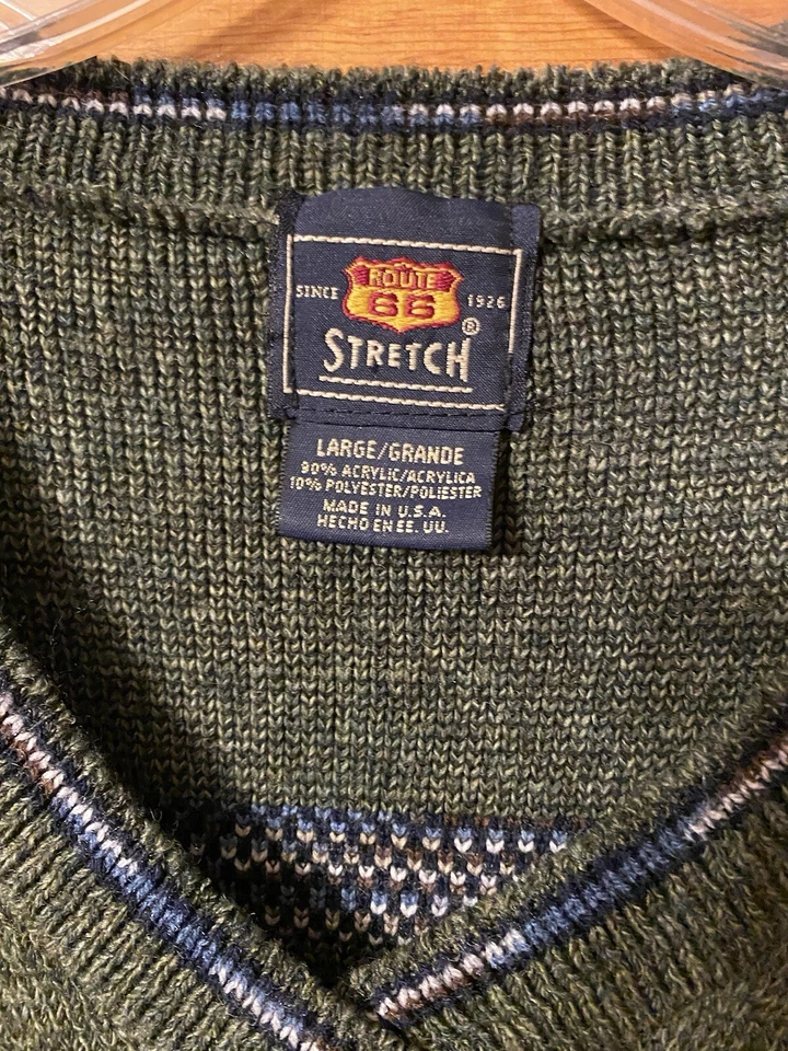 Suéter elástico vintage Route 66 verde oliva/azul con diseño azteca ajustado LG Foto 3 de 4