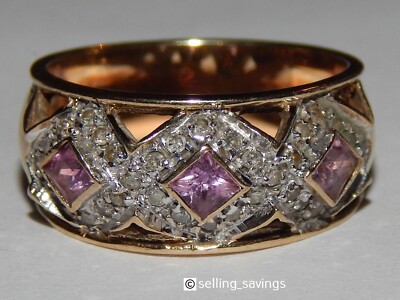 10K YELLOW PINK SAPPHIRE & DIAMOND BEZEL & PAVE SET 9MM WIDE BAND RING SIZE 7