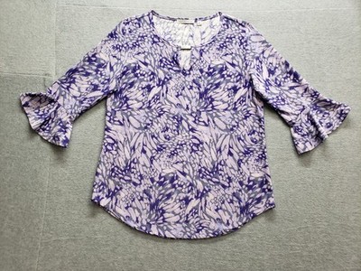 Notations Women Blouse Top M Purple Abstract Keyhole 3/4 Sleeve Stretch Casual