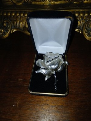 Vintage Crown Trifari Silver Tone Blooming Rose Brooch