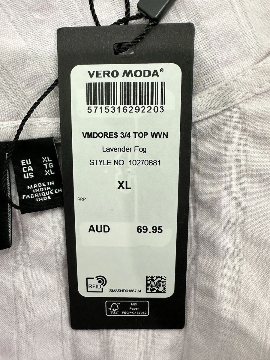 Vero Moda Top Women XL (AU/UK 14) Lilac V Neck Dores 3/4 Sleeve Blouse Cotton