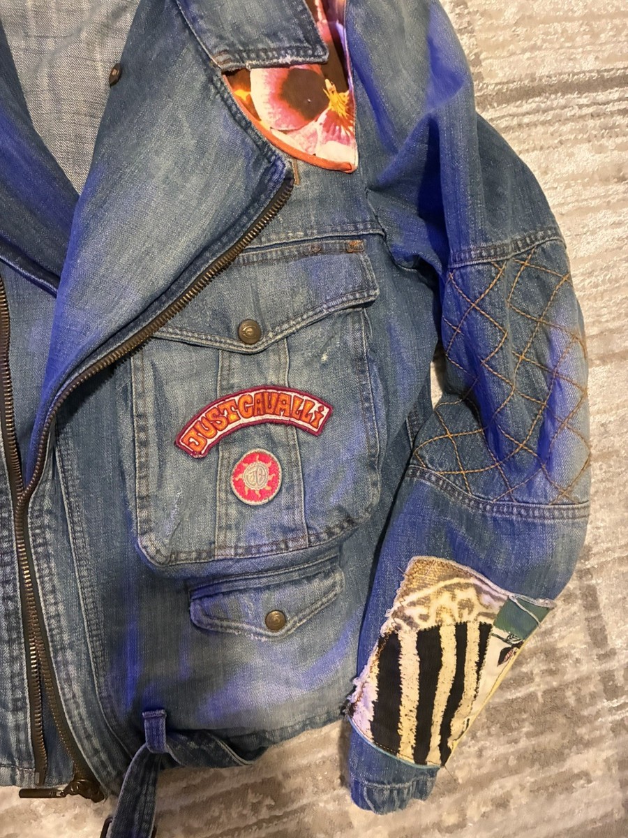RARE Just Cavalli Denim Embellished animal and floral print jacket