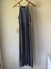 Old Navy Navy Blue White Nautical Stripe Halter Tiered Maxi Dress Small Petite