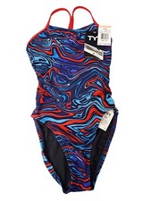 TYR Heatwave Cutoutfit One-pc Swimsuit Blue Red THW7A Size 24 Girls 7/8 80